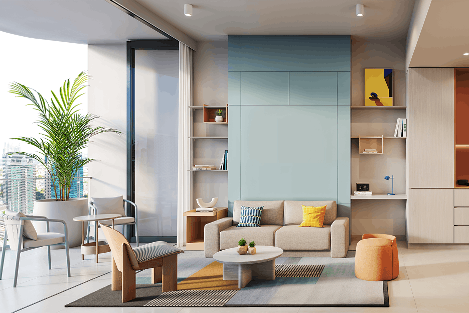 Furnished apartment living and dining room