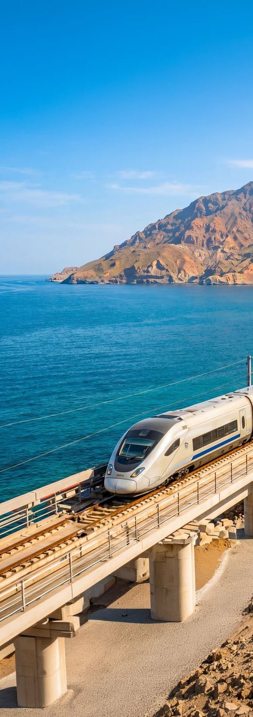 Train crossing coastal bridge near Muscat