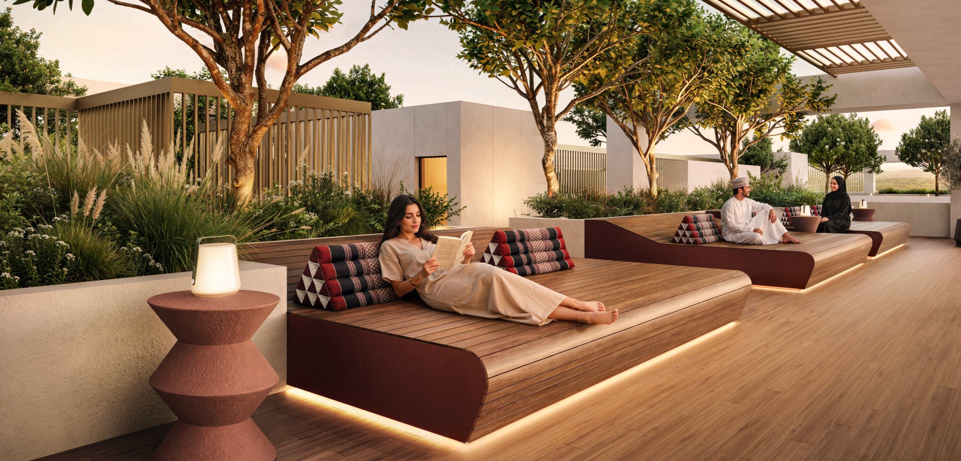 Sunken daybeds on the landscaped roof terrace at dusk