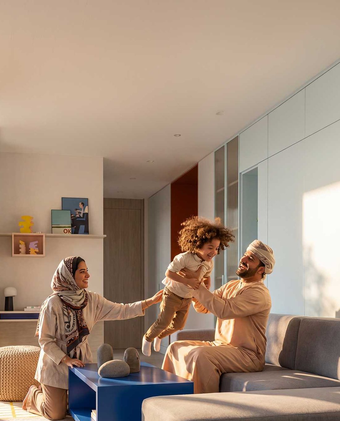 Family in a furnished Rove Home living room