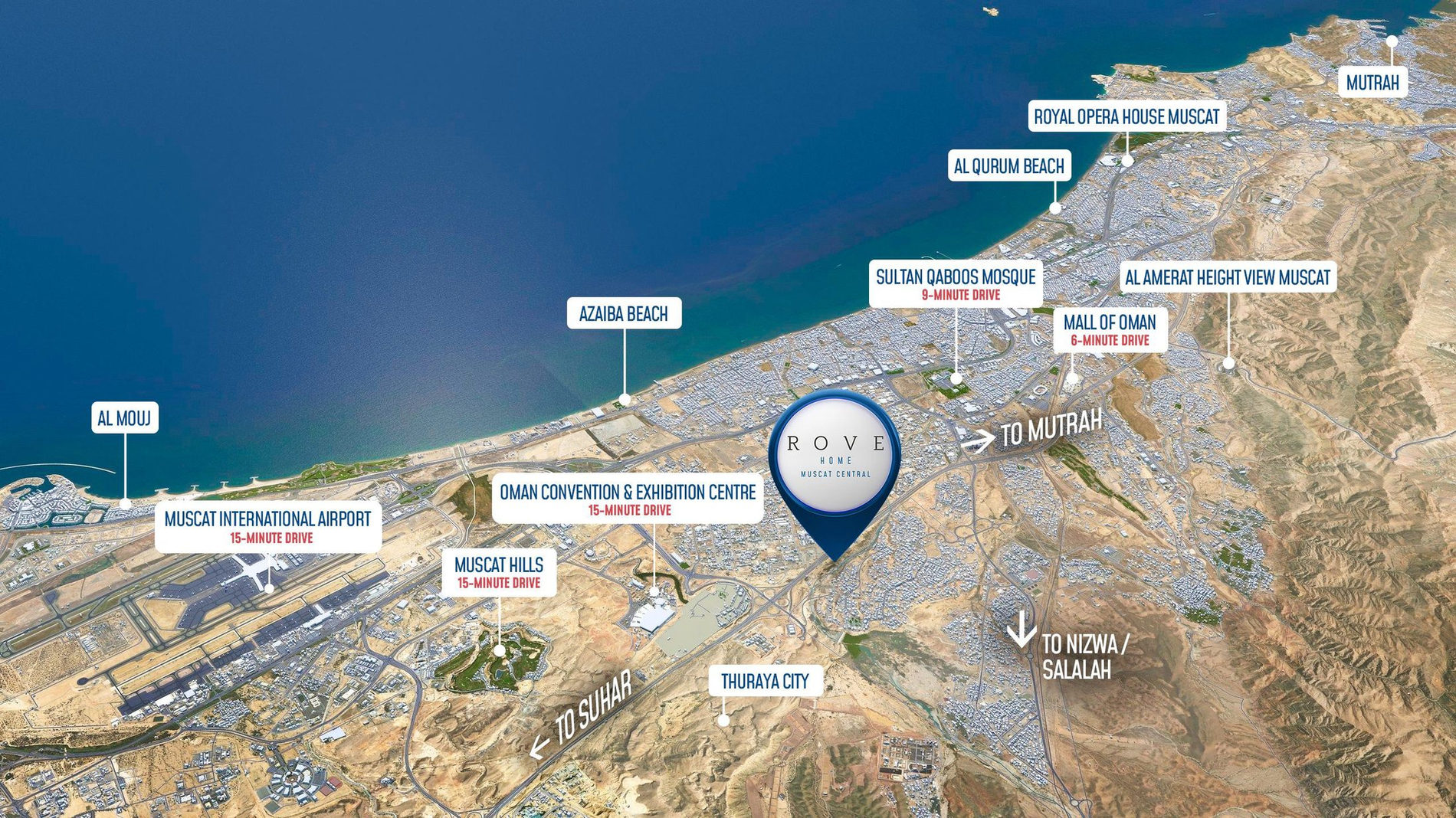 Map of Muscat showing Rove Home Muscat Central, 15 minutes from Muscat International Airport and the Oman Convention & Exhibition Centre