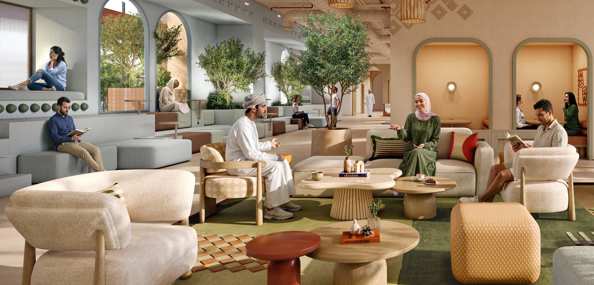 Residents relaxing in the Rove Home Muscat Central lobby lounge