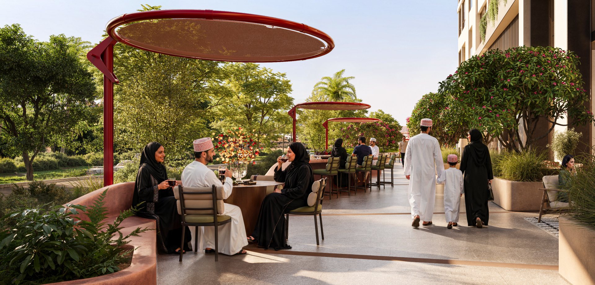Shaded outdoor terrace café in the landscaped podium