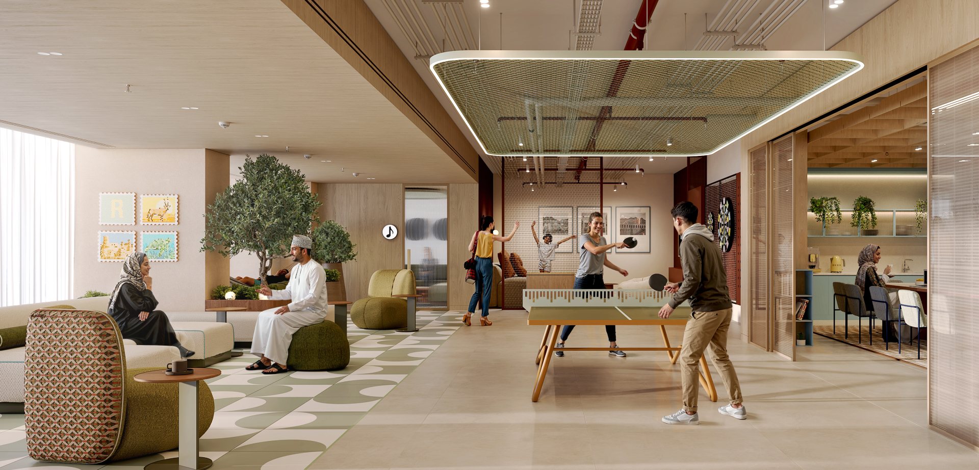 Residents playing table tennis in the games and co-working lounge