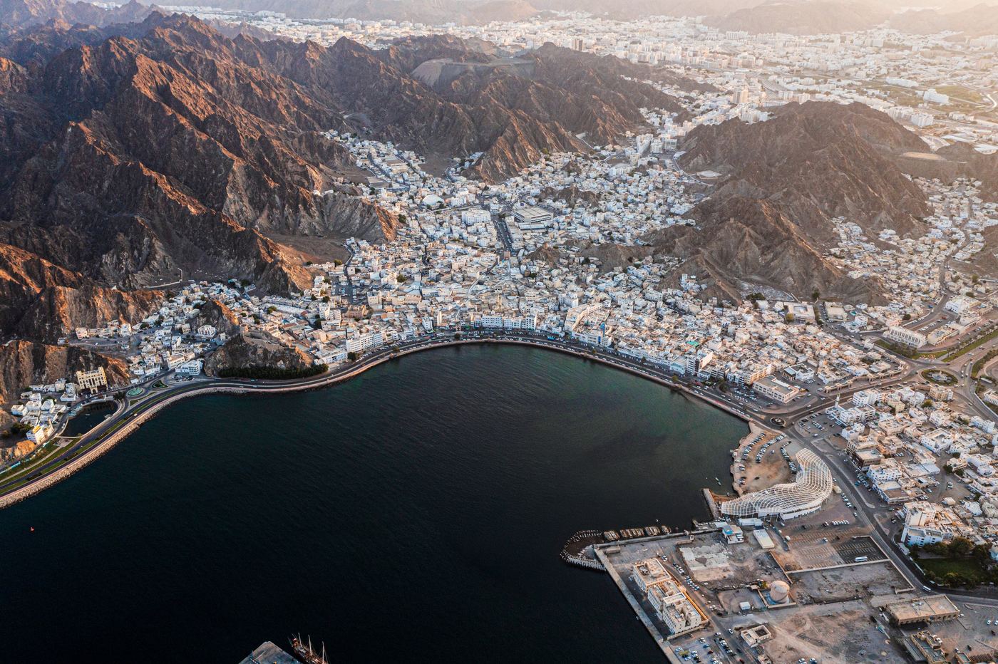 Aerial view of Mutrah bay and old Muscat