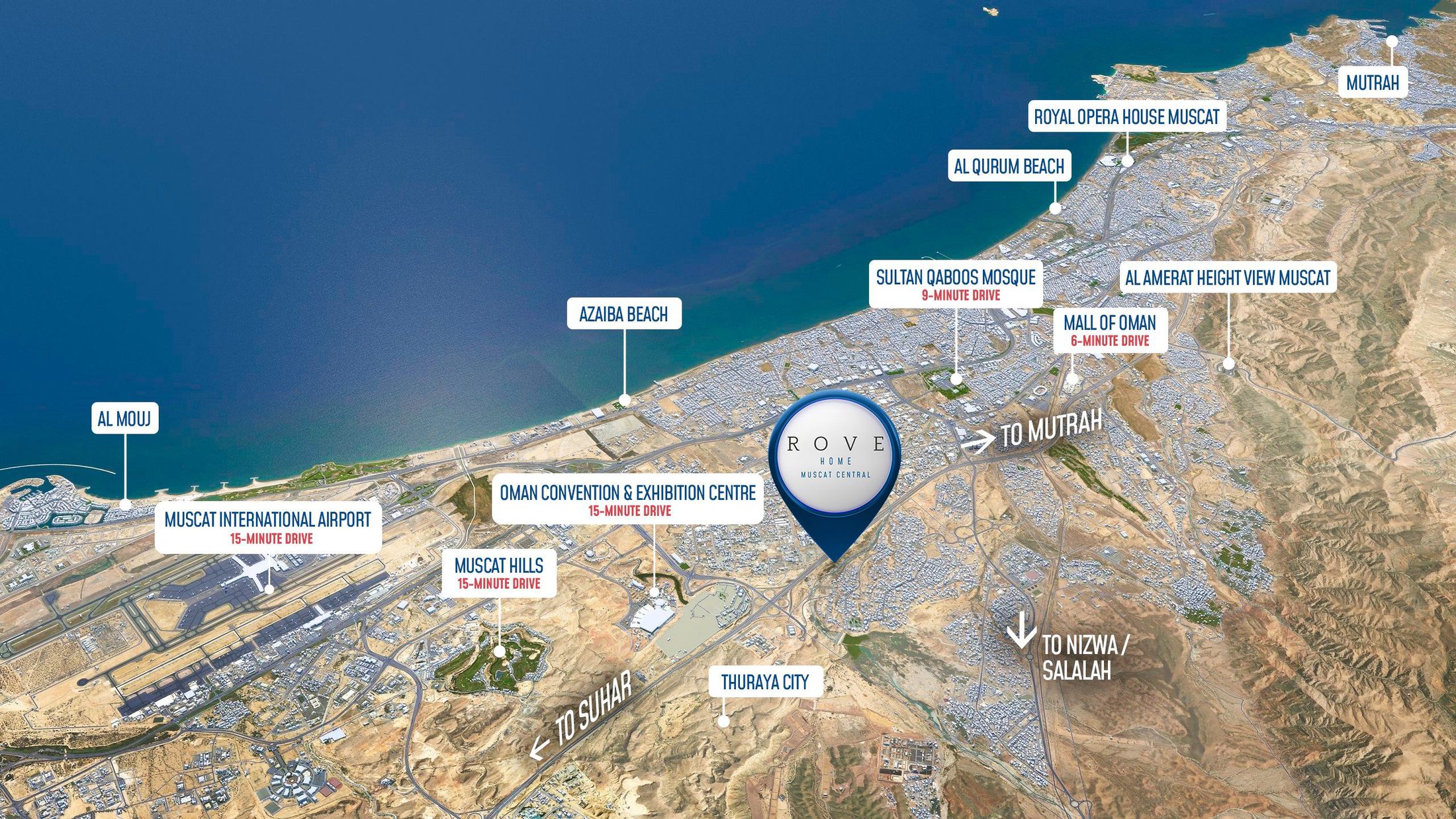 Map of Muscat showing Rove Home Muscat Central, 15 minutes from Muscat International Airport and the Oman Convention & Exhibition Centre