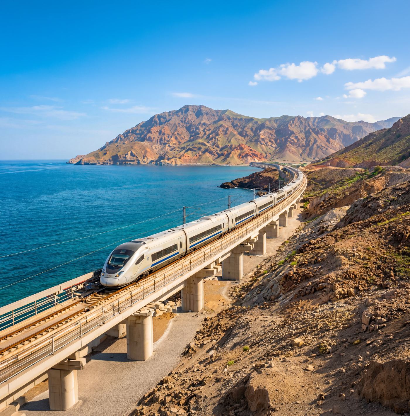 Train crossing coastal bridge near Muscat