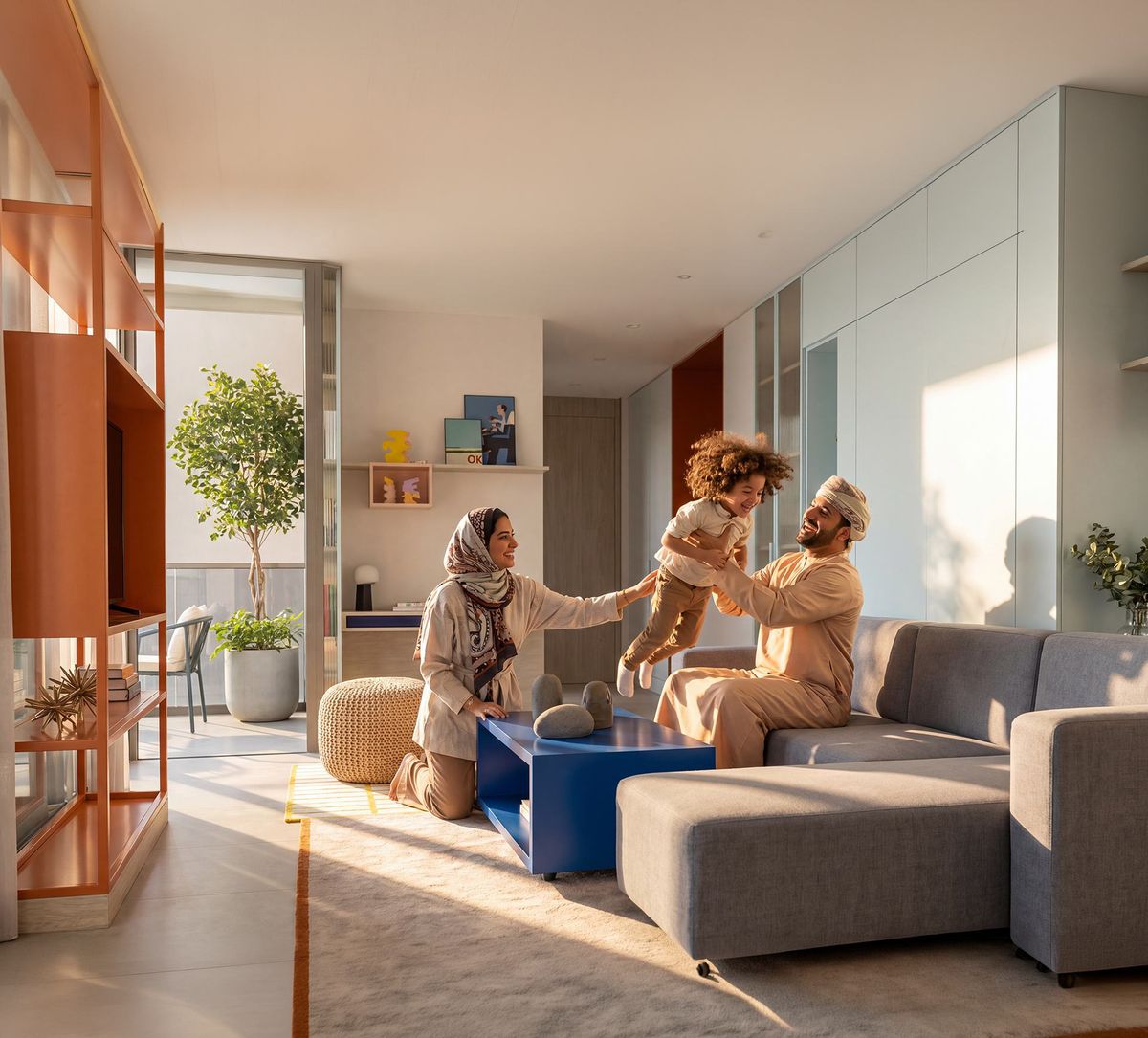 Family in a furnished Rove Home living room